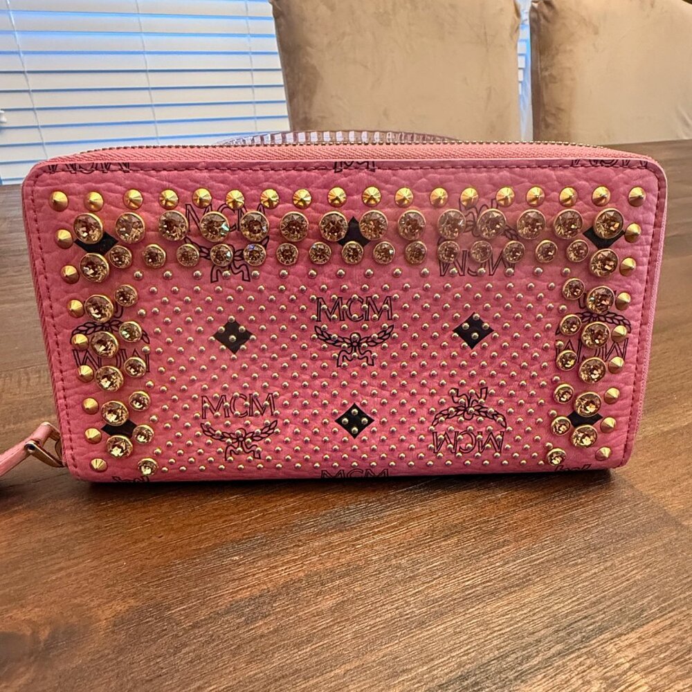Rare Pink MCM Zip Around Studded Wallet